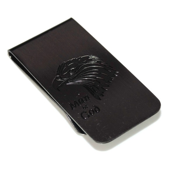Estate Men's Wide Stainless Steel Gunmetal Man Of God Eagle Prayer Money Clip - Picture 1 of 2